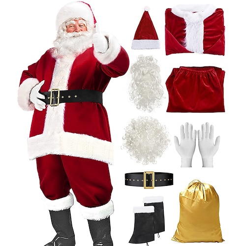 

Костюм Санты, рождественский костюм Санта-Клауса для мужчин, взрослых, карнавальный костюм, наряд из 9 предметов