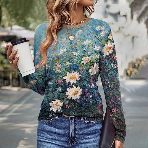 

Mujer Camiseta Verde Trébol Floral Estampado Manga Larga Festivos Fin de semana Moda Escote Redondo Ajuste regular Flor Pintura Primavera Otoño