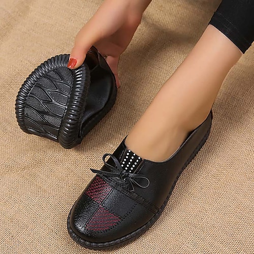 

Women's Flats Comfort Shoes Daily Walking Bowknot Flat Heel Round Toe Casual Comfort Minimalism Faux Leather Loafer Color Block Black Red