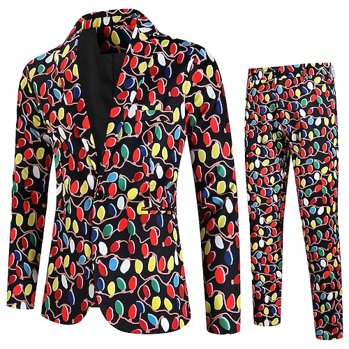 

Costume Homme Noël Ensemble 2 pièces Rouge Imprimé Coupe Sur-Mesure Droit un bouton 2023