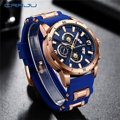 

CRRJU 2290 Men Quartz Watch Luxury Large Dial Fashion Business Three Time Zones Calendar Waterproof Decoration Alloy Watch