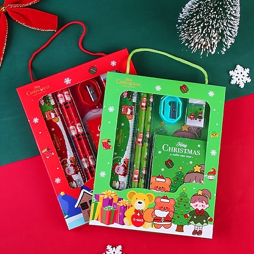 Set Cancelleria Natalizio Con Matite, Gomma E Righello – Rosso, Perfetto Come Regalo Per Bambini