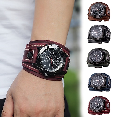 

A3850 punk vintage cosido a mano cuero de vaca reloj de esfera grande hip hop pulsera de cuero para hombres wat