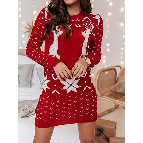 

feminino camisola de natal vestido jumper malha com nervuras longo retalhos alce gola redonda elegante casual natal diário outono inverno vermelho s m l