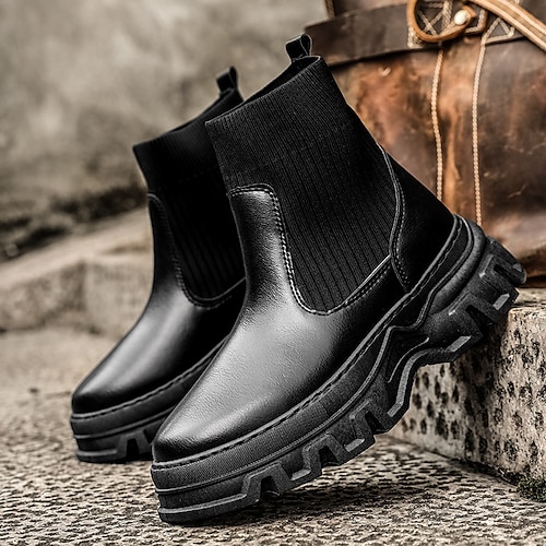 

Homens Botas Botas da Moda Coturnos Casual Diário Couro Ecológico Confortável Botas Cano Médio Mocassim Preto Inverno