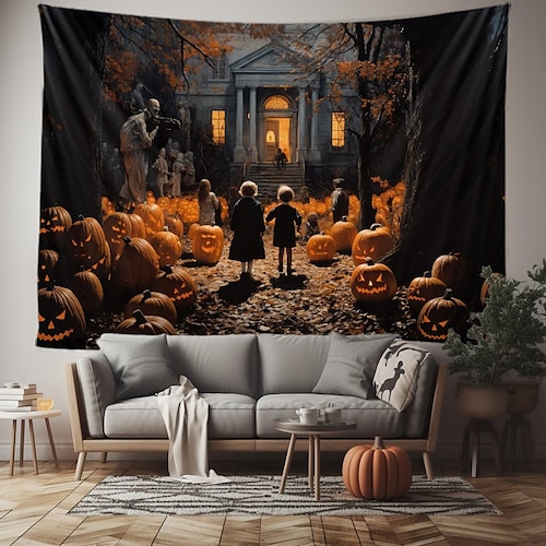 

Halloween Pumpkin Hanging Tapestry Wall Art Large Tapestry Mural Decor Photograph Backdrop Blanket Curtain Home Bedroom Living Room Decoration Halloween Decorations