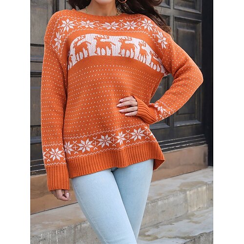 

Damen Hässlicher Weihnachtspullover Strickwaren Gerippt Stricken Standard Patchwork Jeder Rundhalsausschnitt Stilvoll Vintage-Stil Outdoor Weihnachten Herbst Winter Orange S