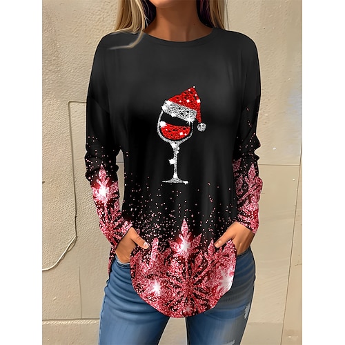 

Damen T Shirt Weihnachts-Shirt Rote Blau Purpur Schneeflocke Weinglas Strass Bedruckt Langarm Party Weihnachten Wochenende Fest / Feiertage Rundhalsausschnitt Regular Fit Farbe Frühling Herbst