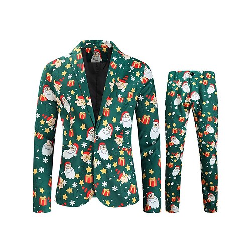 

Green Men's Christmas Ugly Funny Party Suits Print Pattern Suits 2 Piece Printed Tailored Fit Single Breasted One-button 2023