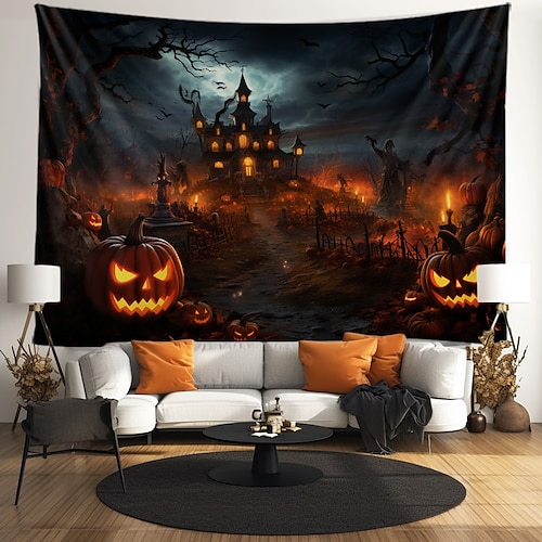  halloween dekorasjoner billedvev jack o lanterne gresskar dekor veggkunst stor hengende billedvev veggmaleri fotografi bakteppe teppe gardin hjem soverom stue flaggermus hjemsøkt hus kirkegård