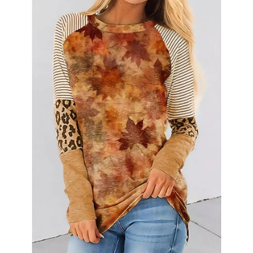 

Mujer Camiseta Marrón Hoja Leopardo A Rayas Estampado Manga Larga Diario Fin de semana Moda Escote Redondo Ajuste regular Pintura Primavera Otoño