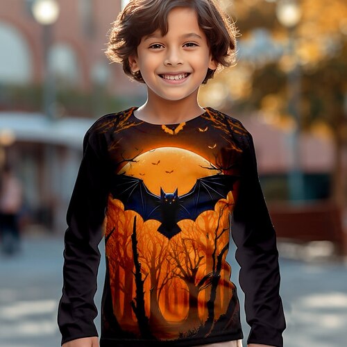 

Halloween Jungen 3D Kürbis Fledermaus T-Shirt Langarm 3D-Druck Herbst Winter Sport Modisch Strassenmode Polyester kinderkleidung 3-12 Jahre Outdoor Casual Täglich Regular Fit