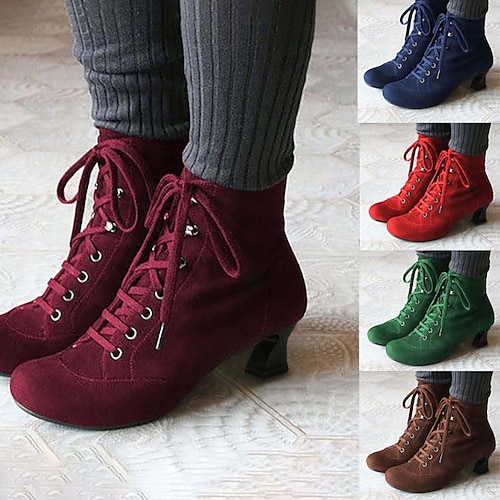 

Women's Boots Brogue Suede Shoes Strappy Heels Outdoor Work Daily Booties Ankle Boots Winter Cone Heel Vintage Fashion Luxurious Suede Lace-up Solid Color Wine Black Red