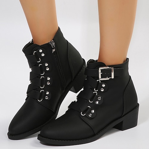 

Women's Boots Combat Boots Plus Size Stripper Boots Outdoor Daily Booties Ankle Boots Winter Buckle Flat Heel Pointed Toe Vintage Casual Minimalism PU Zipper Lace-up Solid Color Black Brown Coffee