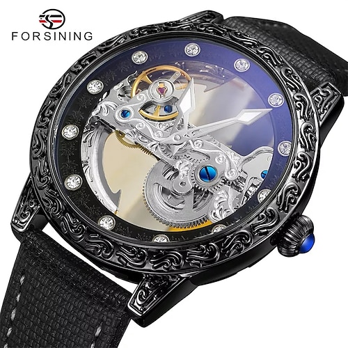 

FORSINING Herren Mechanische Uhr Luxus Großes Ziffernblatt Modisch Geschäftlich Skelett Automatikaufzug Mondphasenanzeige Wecker Lederband Beobachten