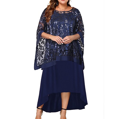 

Mulheres Tamanho Grande Curva Vestido de festa Vestido de lantejoulas Conjunto de vestido Tecido Vestido Longo Vestido Maxi Manga 3/4 Patchwork mais alto baixo Gola Redonda Moda Festa Azul Marinha