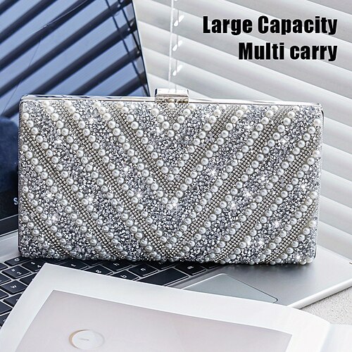 

Women's Clutch Evening Bag Wristlet Polyester Party Christmas Holiday Rhinestone Pearls Chain Large Capacity Lightweight Durable Color Block V-shaped bead diamond bag