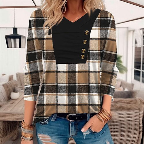 

Femme T shirt Tee Marron Plaid Bouton Imprimer manche longue du quotidien Fin de semaine Mode Col V Standard Peinture Printemps Automne