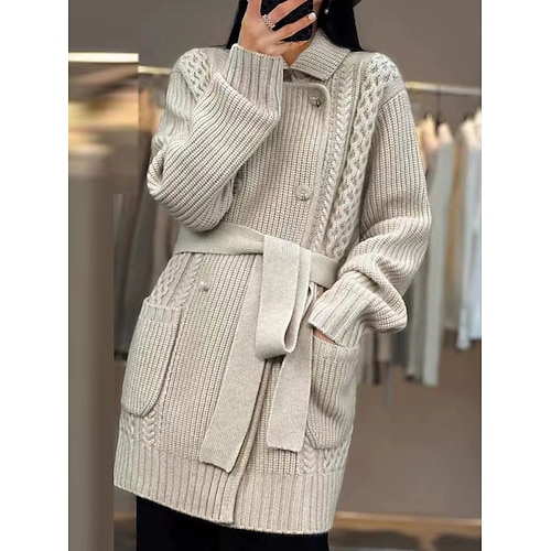 

Women's Cardigan Sweater Shirt Collar Ribbed Cable Knit Polyester Lace up Patchwork Button Fall Winter Long Daily Going out Weekend Stylish Casual Soft Long Sleeve Solid Color Camel S M L