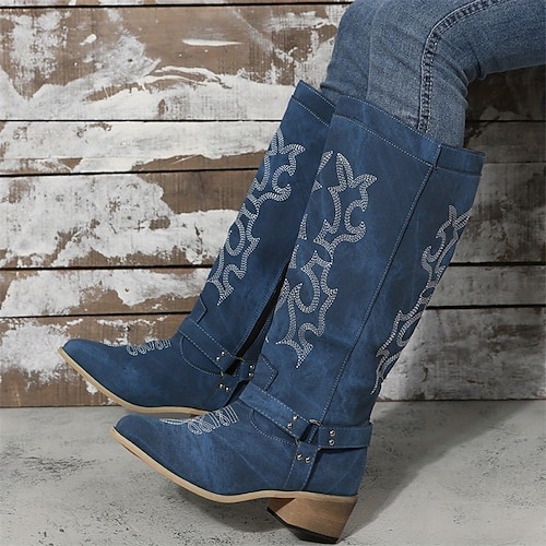 

Women's Boots Cowboy Boots Plus Size Outdoor Work Daily Knee High Boots Embroidery Block Heel Chunky Heel Pointed Toe Fashion Elegant Classic PU Loafer Floral Blue