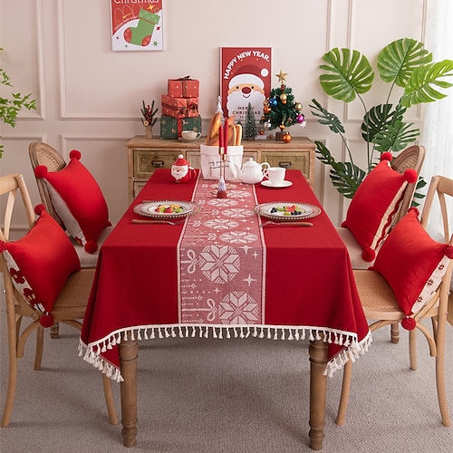 

Mantel navideño rojo rectangular, Navidad, mantel jacquard para comedoramp; decoración navideña