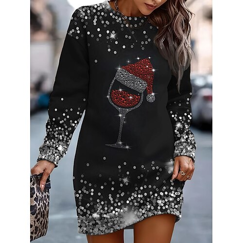 Dam Julbedömning Sweatshirt klänning Mini klänning Varm Mode Utomhus Jul Helgdag Rund hals Mönster Snögubbe Tomteluva Lös passning Svart Vinröd Grön S M L XL XXL