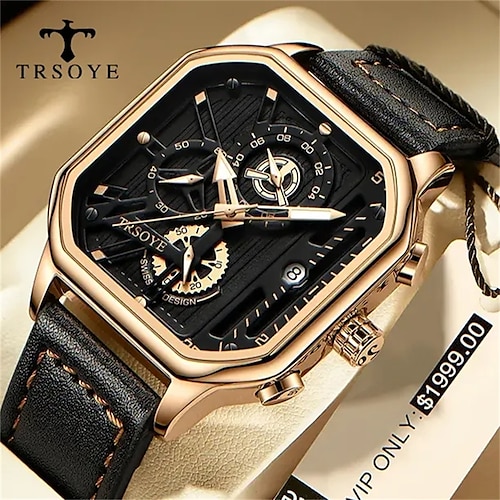 

Trsoye 6604 tendances véritable noir carré quartz montres de luxe pour hommes 2023 cuir décontracté en cuir étanche montre