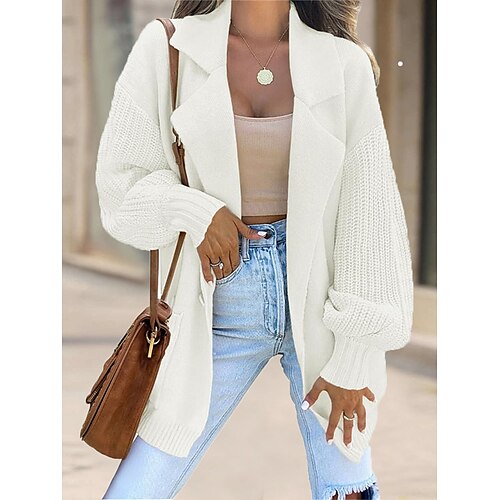 

Gilet Cardigan Maille Femme Crocheté Tricoter Poche énorme Couleur unie Col de Chemise mode Décontractées Extérieur du quotidien manche longue Automne Hiver Noir Blanche S M L