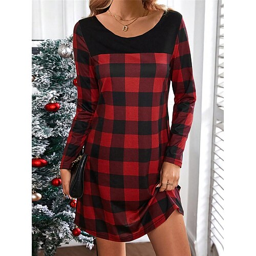 

Mulheres Vestido casual Vestido de Natal Vestido T shirt Xadrez Imprimir Decote V Minivestido Moda Roupa de rua Ao ar livre Natal Manga Longa Ajuste Largo Vermelho Verde Cinzento Outono S M L XL XXL