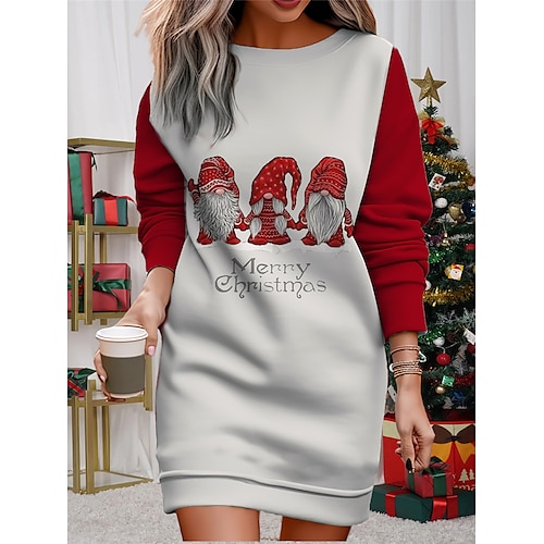 

Women's Christmas Casual Dress Sweatshirt Dress Mini Dress Warm Fashion Outdoor Vacation Crew Neck Print Geometric Santa Claus Loose Fit Black Red Burgundy S M L XL XXL