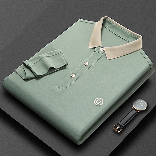 

Men's Business Polo Golf Shirt Business Casual Classic Long Sleeve Fashion Basic Color Block Embroidery Fall Winter Regular Fit Light Blue Black White Light Green Brown Business Polo