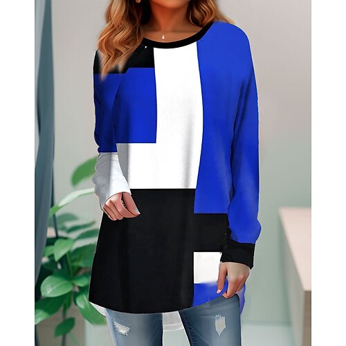 

Women's T shirt Tee Yellow Blue Purple Color Block Print Long Sleeve Daily Weekend Basic Round Neck Regular Fit Painting Spring Fall