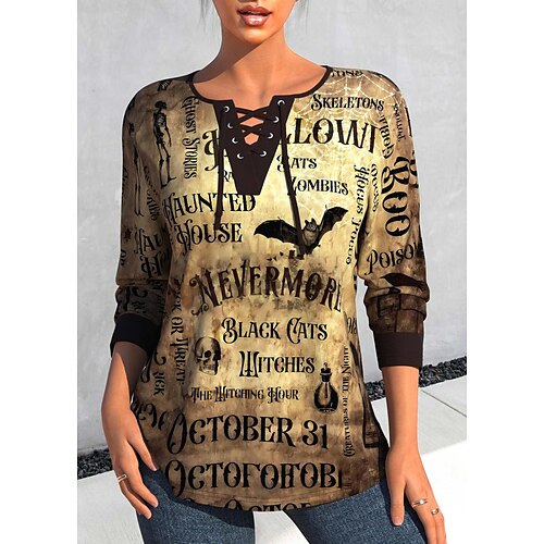 

Damen T Shirt Halloween-Shirt Gelb Totenkopf Motiv Buchstabe mit Schnürung Bedruckt Langarm Halloween Casual Fest / Feiertage V Ausschnitt Regular Fit Frühling Herbst