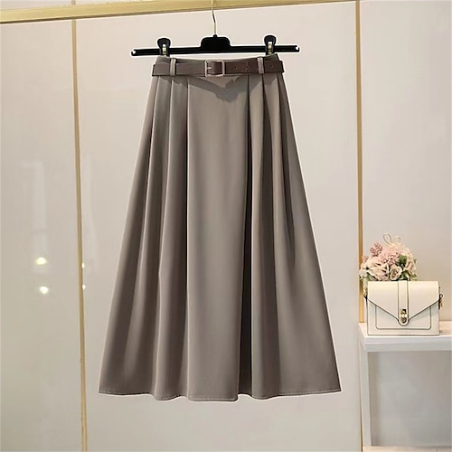 

jupe femme une ligne swing midi polyester noir kaki café jupesautomne et hiver ceinture plissée incluse taille haute mode décontractée rue quotidien s m l