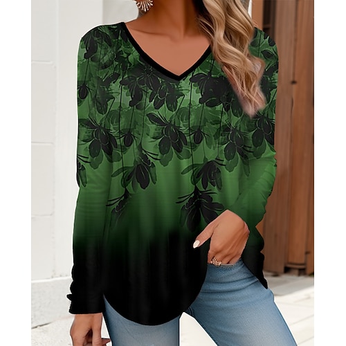 

Mujer Camiseta Verde Trébol Gris Floral Estampado Manga Larga Festivos Fin de semana Moda Escote en Pico Ajuste regular Flor Pintura Primavera Otoño