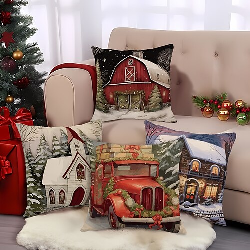 

Casa de Navidad funda de almohada de doble cara 4 piezas coche suave decorativo funda de cojín cuadrado funda de almohada para dormitorio sala de estar sofá silla