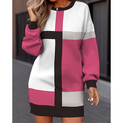 

Damen Lässiges Kleid Sweatshirt-Kleid Winter Kleid Geometrisch Plaid Bedruckt Rundhalsausschnitt Minikleid Modisch Strassenmode Outdoor Täglich Langarm Lockere Passform Fuchsie Herbst Winter S M L XL