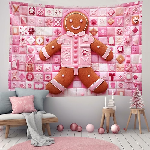 

Tapiz colgante de pan de jengibre rosa de Navidad, arte de pared, tapiz grande, decoración mural, fotografía, telón de fondo, manta, cortina, hogar, dormitorio, sala de estar