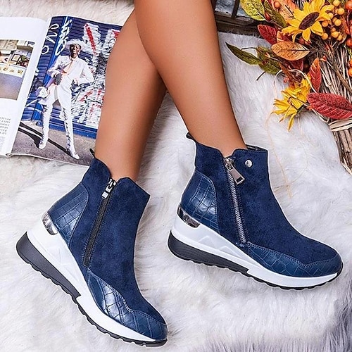 

Women's Boots Plus Size Outdoor Daily Booties Ankle Boots Flat Heel Round Toe Fashion Sporty Casual Walking PU Zipper Black Pink Blue