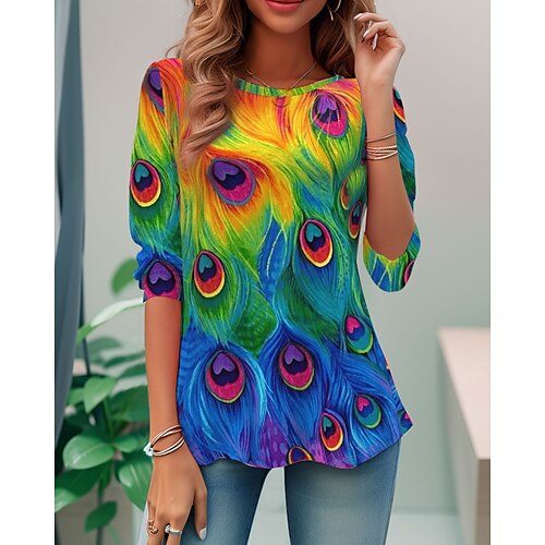 

Women's T shirt Tee White Yellow Blue Feather Print Long Sleeve Daily Weekend Fashion Round Neck Regular Fit Painting Spring Fall