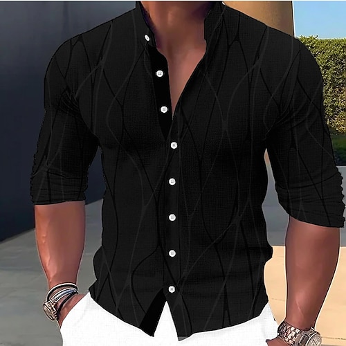 

мужская рубашка льняная рубашка графика геометрия воротник-стойка черный белый темно-зеленый коричневый темно-синий уличная одежда с длинным рукавом с принтом одежда льняная рубашка модная уличная