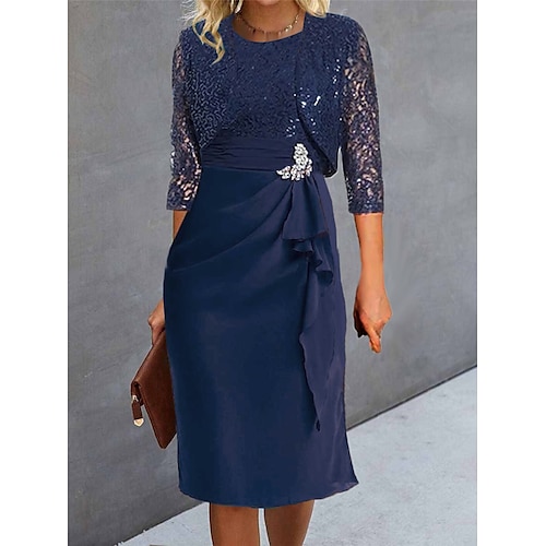 

Women's Lace Dress Party Dress Cocktail Dress Midi Dress Navy Blue 3/4 Length Sleeve Pure Color Lace Spring Fall Winter Crew Neck Fashion Wedding Guest 2023 S M L XL XXL