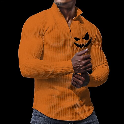 

Pumpkin Vintage Abstract Men's 3D Print Waffle Polo Shirt Golf Polo Outdoor Halloween Streetwear Halloween Polyester Waffle Fabric Long Sleeve Turndown Zip Polo Shirts Black White Wine Fall Winter