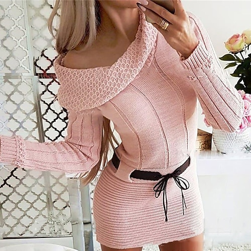 

Mujer Vestido de suéter Puente Estriado Tejer Largo Hombro frío Color sólido Capucha Elegante Casual Diario Noche Otoño Invierno Rosa S M L