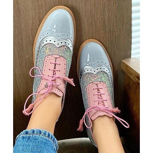 

Damen Absätze Outdoor Vintage-Schuhe Bullock Schuhe Party Outdoor Täglich Flacher Absatz Runde Zehe Urlaub Kuschelig Elegant Leder Schnürsenkel Farbblock Leicht Rosa Rosa Blau