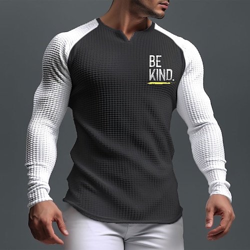 

Gráfico Letra Esportes Diário Casual Homens Impressão 3D Camiseta Camisa Waffle camiseta raglã Esportes Feriado Para Noite Camiseta Preto Branco Azul Marinha Manga Longa Decote V Camisa Primavera