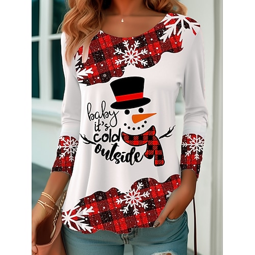 

Damen T Shirt Weihnachts-Shirt Gelb Rote Blau Schneemann Bedruckt Langarm Party Weihnachten Wochenende Fest / Feiertage Rundhalsausschnitt Regular Fit Farbe Frühling Herbst