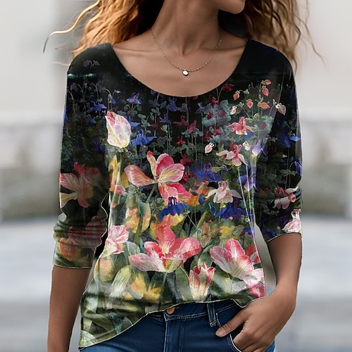 

Women's T shirt Tee Pink Floral Print Long Sleeve Holiday Weekend Fashion Round Neck Regular Fit Floral Painting Spring Fall