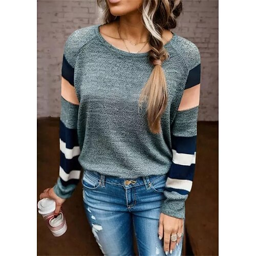 

Women's T shirt Tee Green Color Block Print Long Sleeve Daily Weekend Basic Round Neck Regular Fit Painting Spring Fall