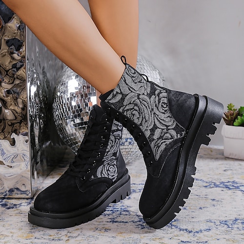 

Damen Stiefel Springerstiefel Motorradstiefel Übergrössen Outdoor Täglich Stiefeletten Stiefeletten Winter Blume Blockabsatz Runde Zehe Vintage Klassisch Brautkleider schlicht PU Schnürsenkel Feste